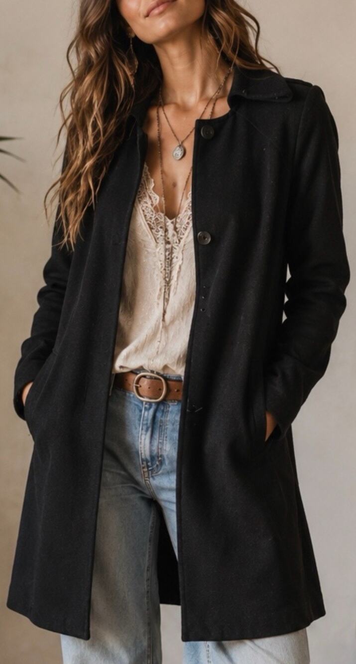 H&M Black Wool Blend Cocoon Trench Coat Women Sz 4 EUR 34 Minimalist Long Jacket
